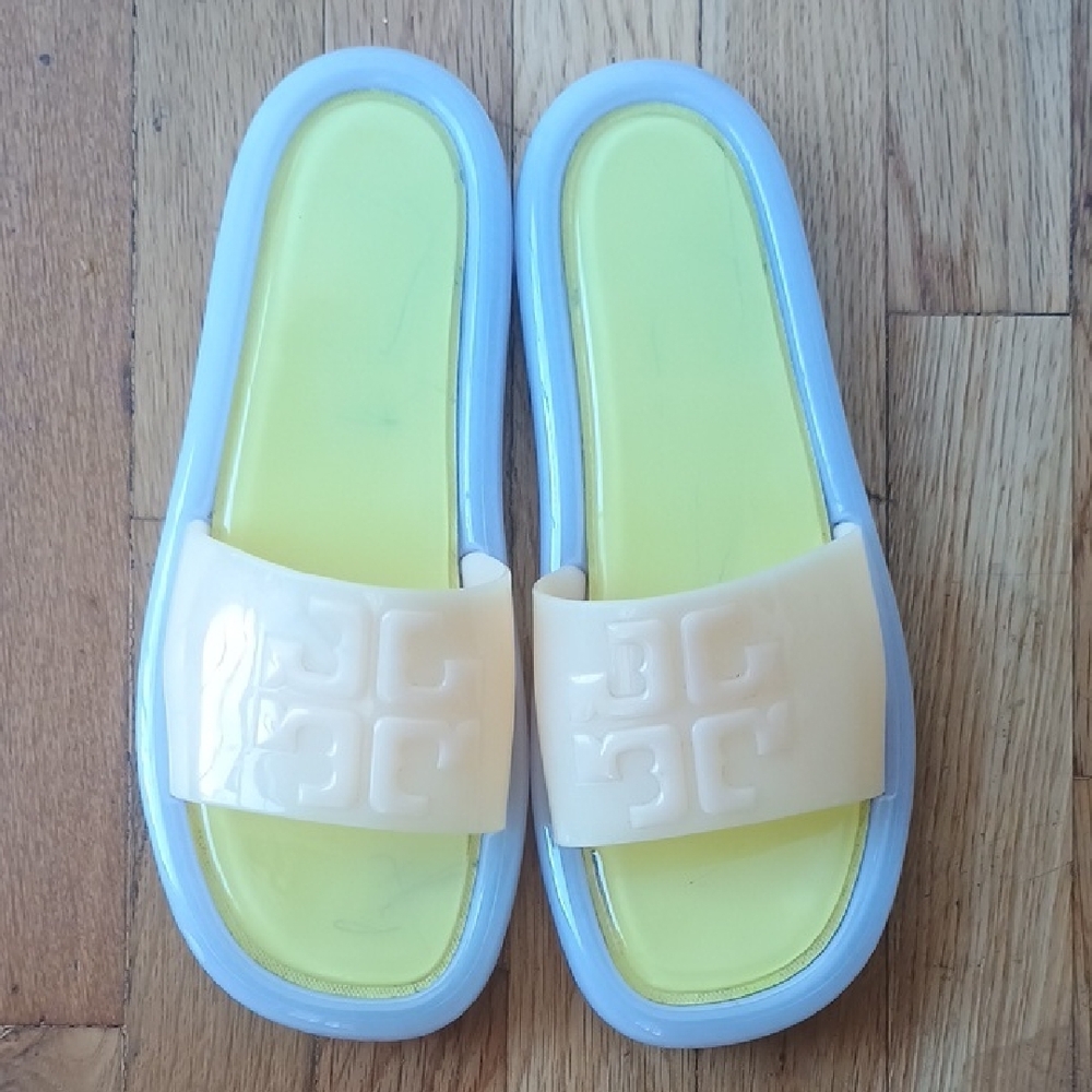 Tory Burch Yellow and Cream Jelly Slide Sandals